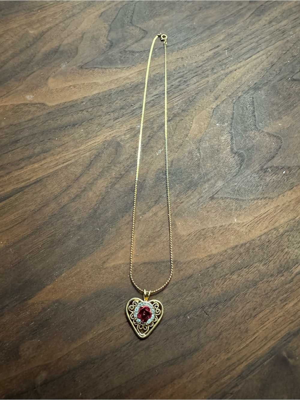 Vintage Red Rose/Crystal Heart Filigree Pendant Necklace
